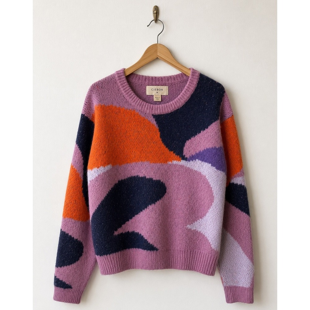 Ciebon Abstract Intarsia Knit Sweater Women Medium Purple Orange Artsy Y2K Bold - Picture 1 of 10